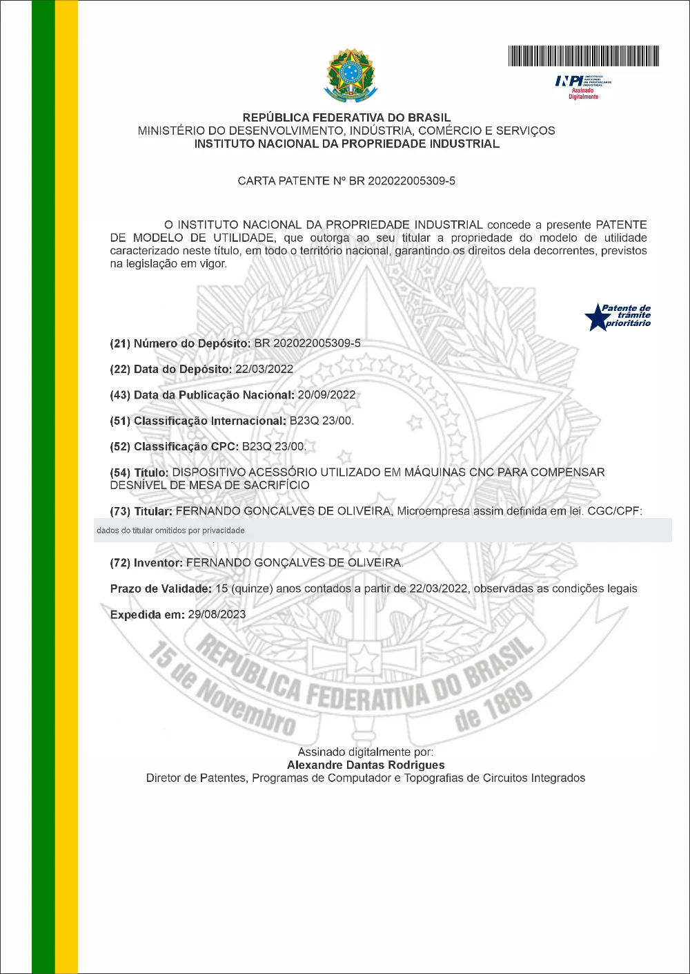 Carta Patente nº BR 20 2022 005309-5, expedida pelo INPI em 29 de agosto de 2023